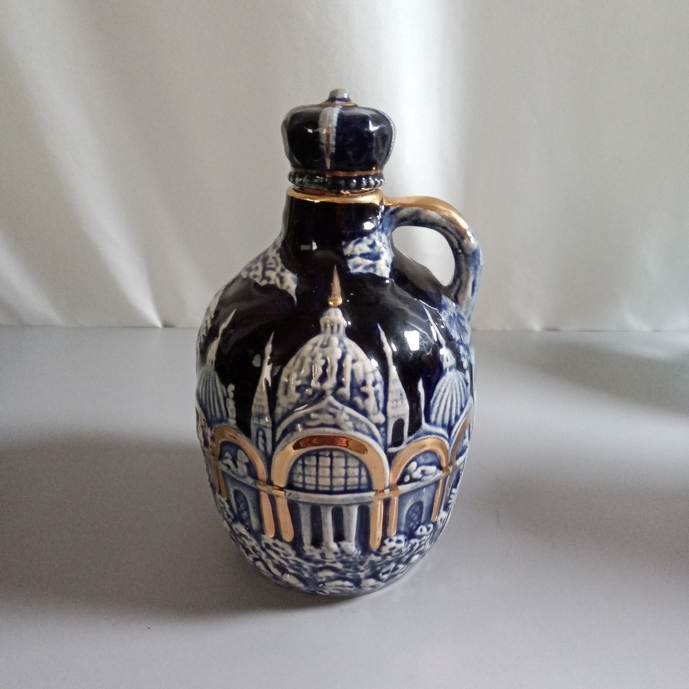 Vintage Tilso Japan Cobalt Blue Musical Decanter Crown Stopper Gold Trim 7.25"